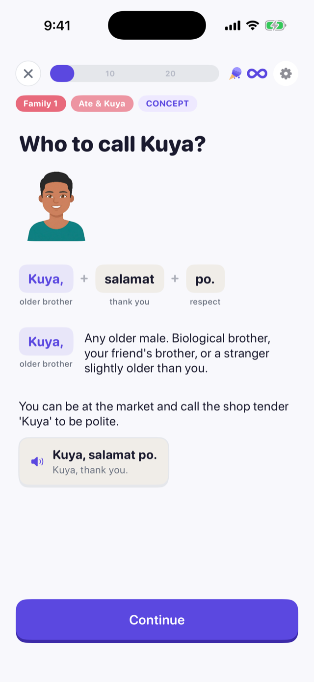 A Tarsier lesson card asking who to call Kuya, with the phrase broken into its parts