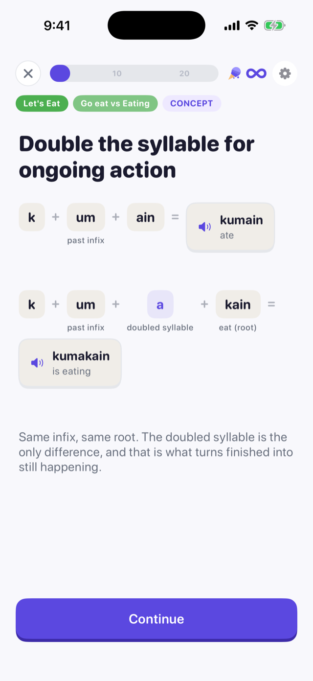 A lesson card showing mag- plus luto equals magluto, and nag- plus luto equals nagluto