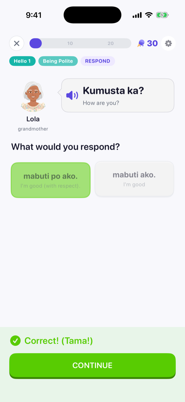 Lola asks Kumusta ka, and the respectful answer mabuti po ako is marked correct