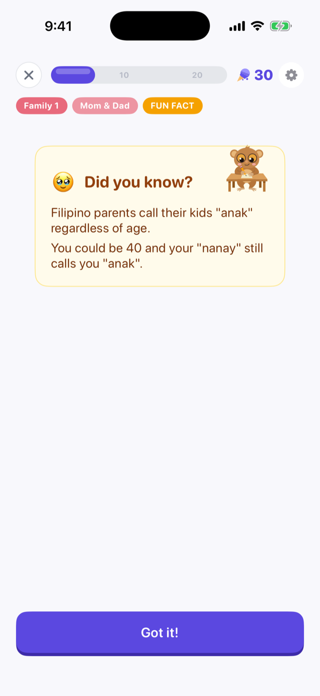 A Did you know card explaining that Filipino parents call their kids anak at any age