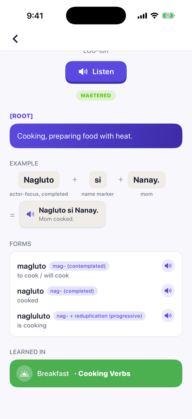 The word page for luto with a Listen button and a speaker on every form and example