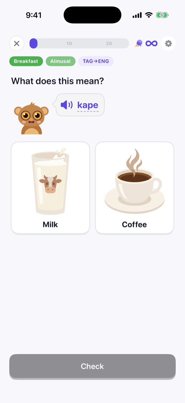 An image match quiz asking what kape means, with a glass of milk and a cup of coffee to choose between