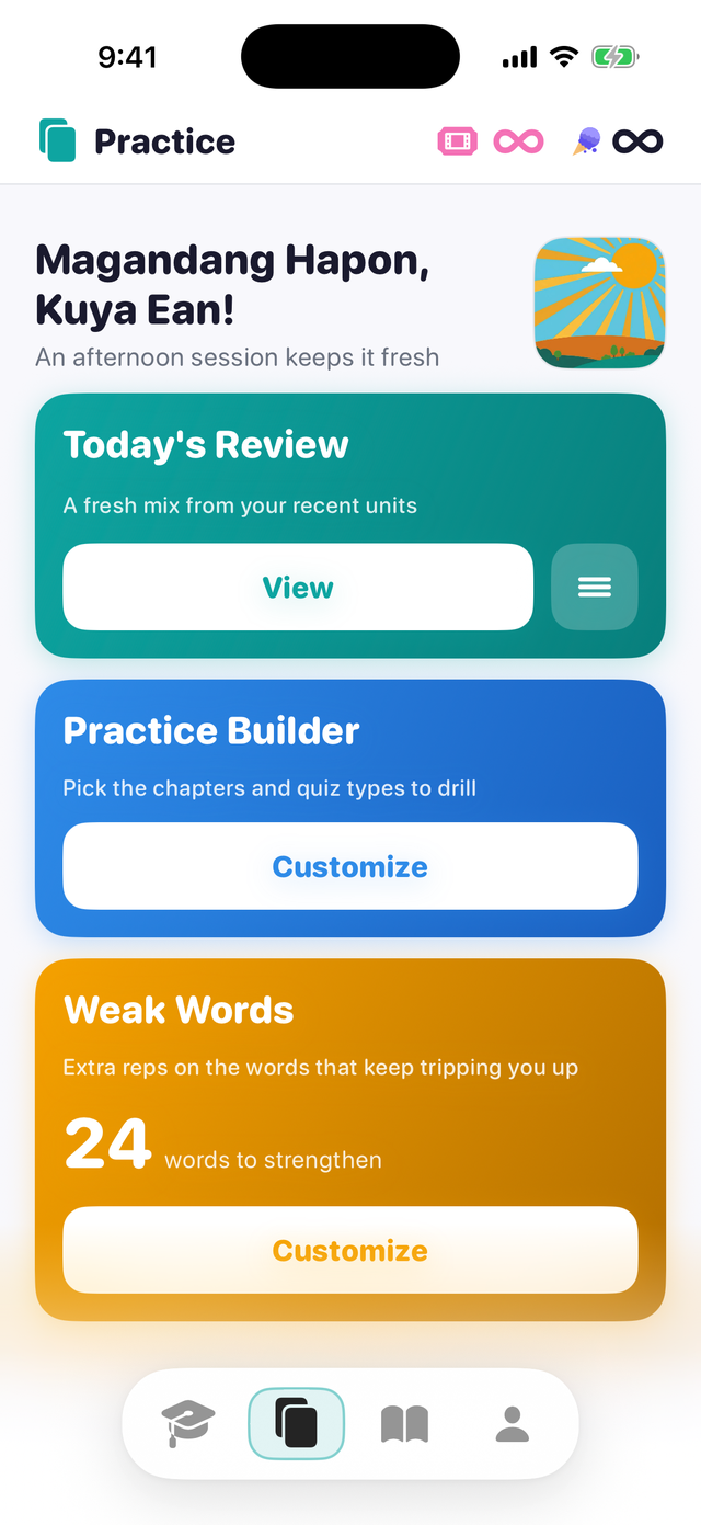 The Practice hub with weak words to review