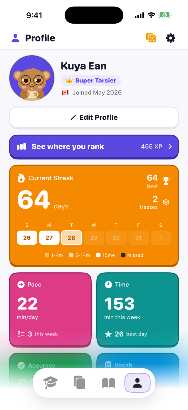 The Profile tab with streak and learning stats